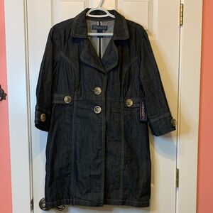 Baccini Dark Denim Long Jean Jacket 3/4 Sleeves Buttons Womens Size Extra Large